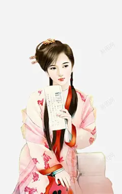 手绘古代手持书美女