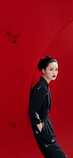 身靠红墙的美女明星李沁手机壁纸