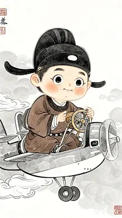 全景,水墨插画,极简主义，三头身，唐代男士插画,男士坐飞机，现代人物与古风工笔画结合，画风细腻成熟，独特的风格，识别度高，人物讨喜又不失韵味，可爱的Q版唐代风俗画图，背景简洁，纯色背景。 (6)