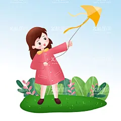  放风筝女孩  - 源文件下载【酷图网】春分,手绘,卡通,放风筝,女孩子,