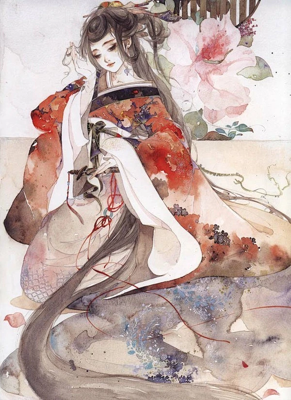 【杜鹃】 闲折两枝持在手，细看不似人间有。 花中此物是西施，芙蓉芍药皆嫫母。 古典仕女插画——花·女词【第一卷】春之卷图片_少女们♪图片素材-花瓣网