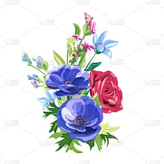 蓝、红花束:玫瑰、银莲花、勿忘我、花蕾、茎叶白底、数码画、水彩画风格、植物插画、矢量