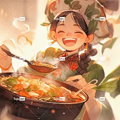水彩画，中国传统女孩吃火锅，唐代奇幻喜庆海报