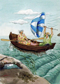 【芬兰插画家Inge Löök作品】
—— 老奶奶很喜欢用伞作道具，此刻它就是风帆！小船儿轻轻，飘荡在水中，身后吹来了凉爽~的风……