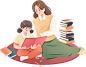 母亲节温情手绘套系插画-一起看书的母女组合小场景