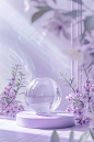 A light purple background with glass and plants, minimalist stage design style, delicate texture, dreamy scene with light white and violet colors, delicate detail depiction in the style of transparent watercolor, high definition images, a clear product di