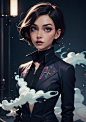 00694-3877081466-Science fiction, aloof, short hair, smoky makeup, dark suit, beautiful woman，