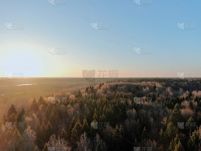鸟瞰图是一个美丽的全景傍晚的风景，云和森林在夕阳的光线。高空日落素材-花瓣网