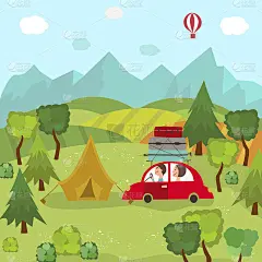 家庭汽车旅行和露营在农村，田野