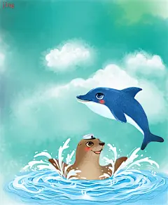绘本插画海洋系列-海狮和海豚 