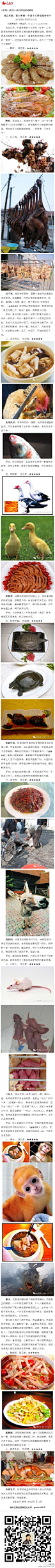 【令人毛骨悚然的中国十大禁菜！】自古以来，中国菜肴就十分讲究“珍罕”二字，越是特殊食材或者罕见做法越受老饕的追捧。厨师们更是发挥想象力，创造了一道道听起来就骇人听闻的“美味”，这些菜式有的流传至今，成为了“中国十大禁菜”！