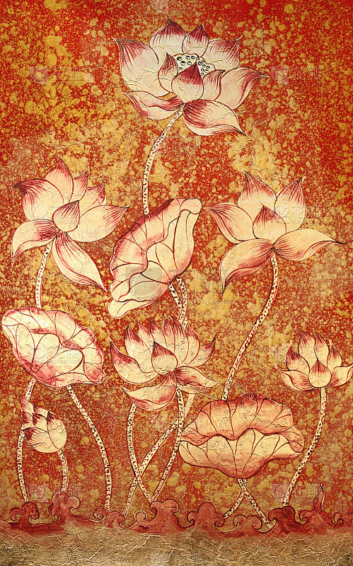 泰式的白莲画在寺庙的墙上