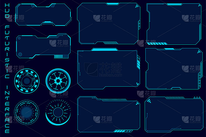 设置现代科幻UI元素，HUD控制面板。技术数字信息块的模板。