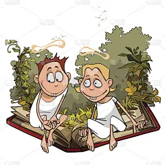 植物中的卡通天使坐在一本好书上