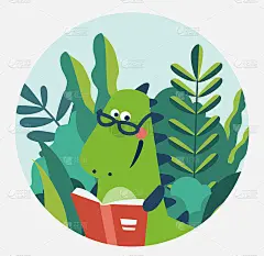 可爱的恐龙在花园里看书。有趣的霸王龙在公园里放松