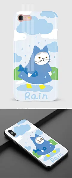 手绘卡通穿雨衣的猫咪手机壳_
