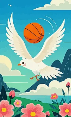 篮球仙鹤娃娃插画图形元素