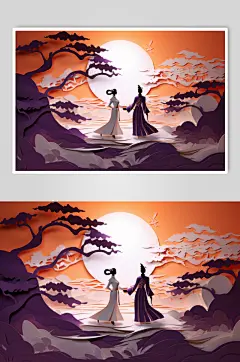 AI数字艺术古风剪纸风牛郎织女七夕插画