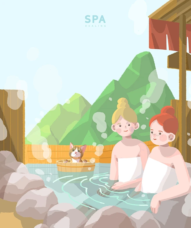 温泉泡汤插画-花瓣网