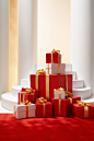 In this illustration, red boxes with ribbon on top of them, in the style of large-scale photography, elegant compositions, carpetpunk, xmaspunk, minimalist still lifes, light white and gold, lively interiors