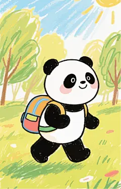 卡通大熊猫背书包去上学