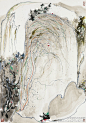 【 吴冠中 《日光岩图》 】纸本，97×67cm，1987年作。画中浓淡有致的墨色暗示岩形的起伏及阴影，盘根错结的树，低矮的亭子，烘托出日光岩的高耸巍峨，岩上波浪绵延的彩色丝线，是攀爬的树根，也是画家的心绪，简单的构图将画里的宁静意境融入更多想象的空间，虚虚实实间，交织着富有变化的情趣。