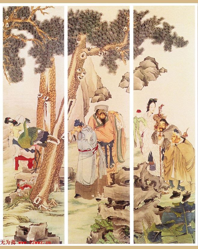 中国清時代 任熊作 群仙祝夀图 人物掛け軸 激安骨董品