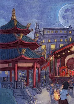 #汕头生活# 分 享一组描绘民国时期的老城区插画，广角视野，很有韵味~（作者，糖堆ZayaChan） ​​​​