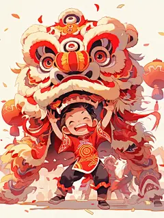 舞狮少年水彩插画喜庆海报
