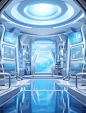 futuristic interior of the lab lab free wallpaper, in the style of light blue and silver, hyper-detailed illustrations, cabincore, uhd image, skeuomorphic