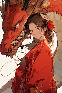 水墨古装红衣少女古风女孩和龙插画