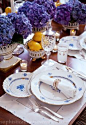 Lovely blue and white table from Sophistication is Overrated by Babs Horner and Susan Palma.  Herend's Chinese Bouquet in Blue is absolutely gorgeous paired with purple hydrangea and lemons. LOVE the unexpected color combination.