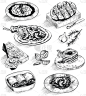 食品,草图,绘画插图,meat loaf,肉馅面包,铅笔画,虾,意大利面,蔬菜,菜单