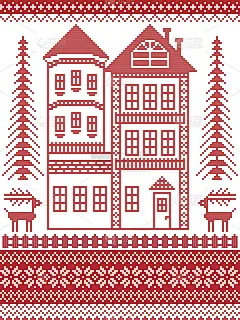 北欧风格和灵感来自斯堪的纳维亚圣诞图案插画十字绣，红色和白色包括姜饼屋塔，雪花，栅栏，装饰无缝华丽的