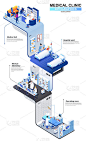 医学诊所现代等距信息图。医院病房、实验室、手术室三维等距平面设计。医疗保健多层次等距构成与人