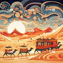 敦煌艺术风格插图，骆驼商队穿越沙漠，丝绸之路的沙漠风光，四周