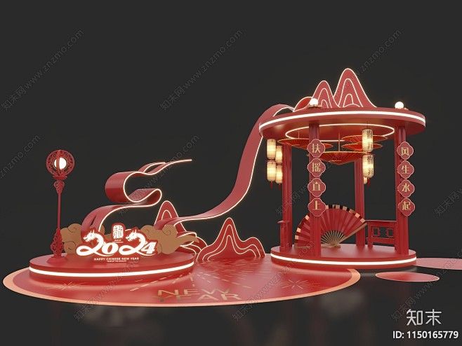 中式龙年新年美陈SU模型下载【ID:11...