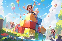 白云春游儿童插画图片