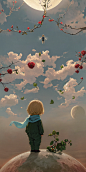 00765-3285383170-masterpiece, 1boy, Little prince, Alone, Back to the lens, Blond hair, Stand on the planet, Lunar surface, Thorny roses, Green d