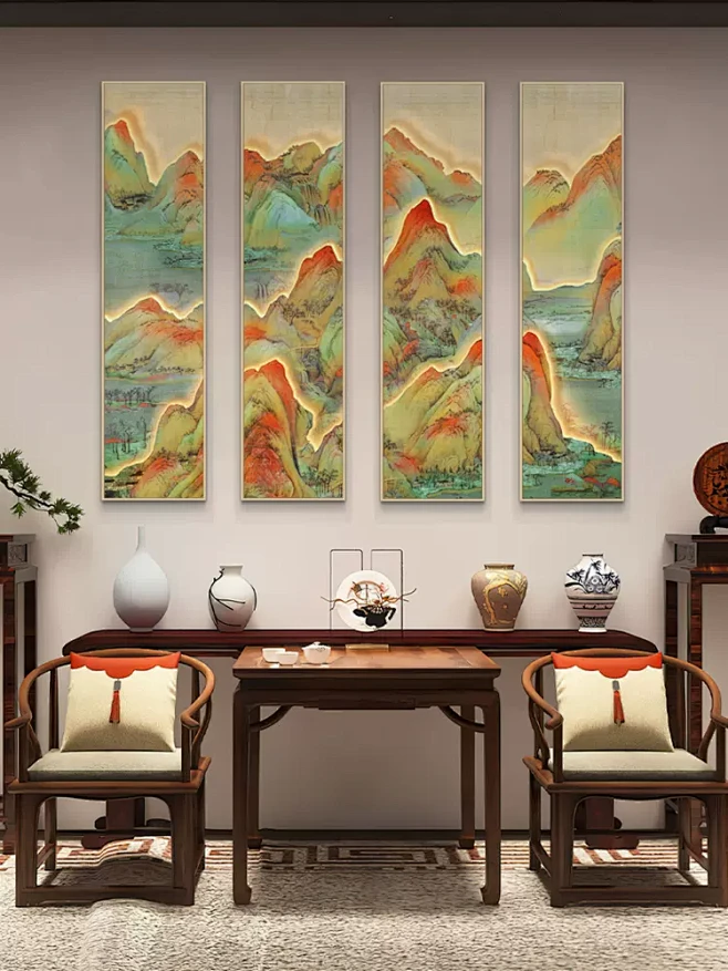 千里江山图新中式客厅沙发背景墙装饰画挂画中堂农村四联茶馆茶室-tmall.com天猫-花瓣网