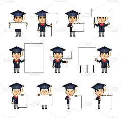 Set of graduate student characters posing with var