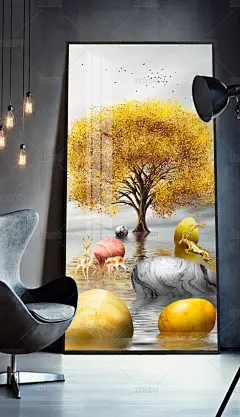 北欧现代石来运转金色石头发财树玄关壁画装饰画