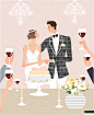 情侣对视  白色婚纱 众人举杯 水彩 手绘 婚礼主题插画AI_矢量素材_插图/插画