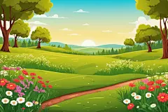 春天绿树小草植物春景插画背景图