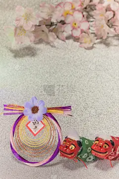传统,贺卡,新年前夕,狮子,动物,日本,小雕像,樱花,花,闪亮