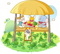 卡通夏季西瓜田插画矢量素材，素材格式：AI，素材关键词：大象,西瓜,山羊,狐狸