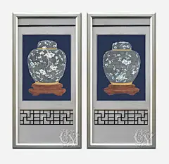 中式古典金属框手绘陶瓷瓶长方形高清素材 中式壁画 古典挂画 手绘陶瓷瓶 长方形壁画 免抠png 设计图片 免费下载