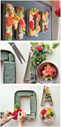 Easy way to make flower display using Paper Mache letter. This one spells the word MOM. What a great Mother's Day Gift.