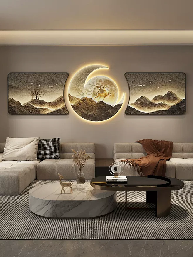 现代轻奢客厅装饰画高级感侘寂风沙发背景挂画背有靠山发光壁灯画-tmall.com天猫-花瓣网