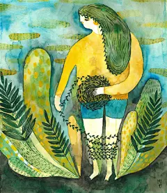 #插画# 分享一组水彩插画，作者 Mirjam Siim 喜欢排各式各样的线来装饰画面，人物画风很有个人特点。 ​​​​